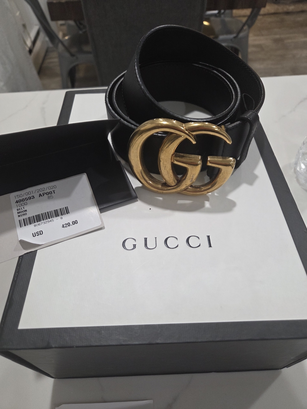 Authentuc Gucci Black Leather Belt with Gold Double G Buckle - Picture 2 of 8